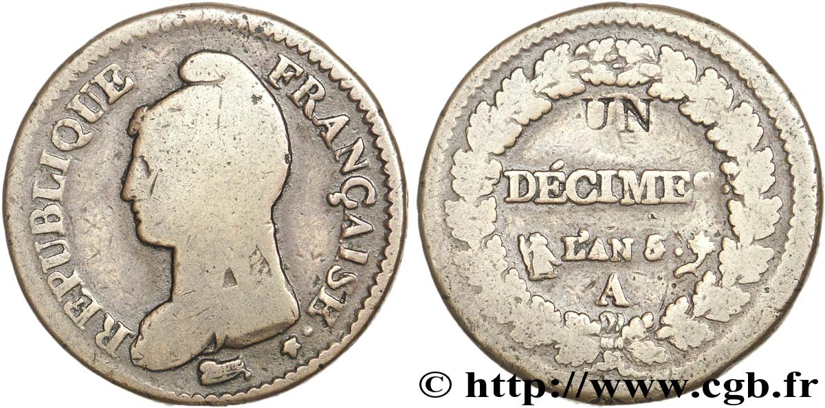 Un décime Dupré, modification du 2 décimes 1797 Paris F.127/5 B12 