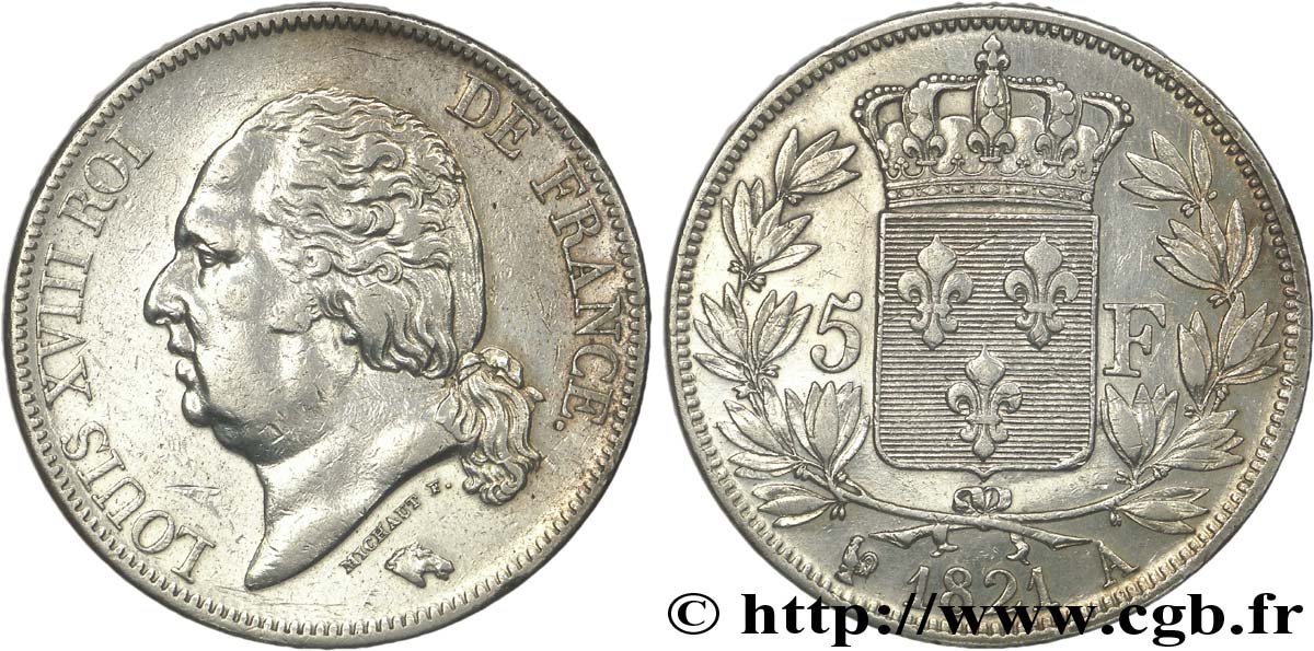 5 francs Louis XVIII, tête nue 1821 Paris F.309/60 TTB 