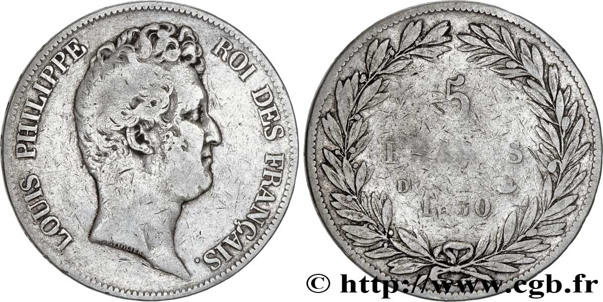 5 francs type Tiolier sans le I, tranche en creux 1830 Lyon F.313/3 MB15 