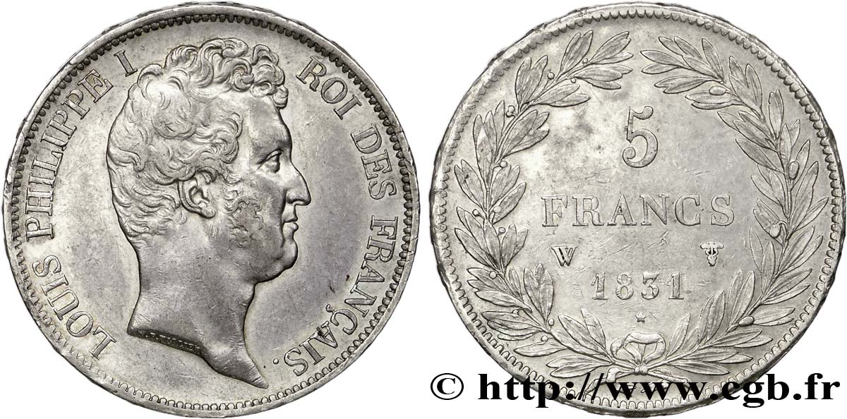 5 francs type Tiolier avec le I, tranche en relief 1831 Lille F.316/4 AU53 