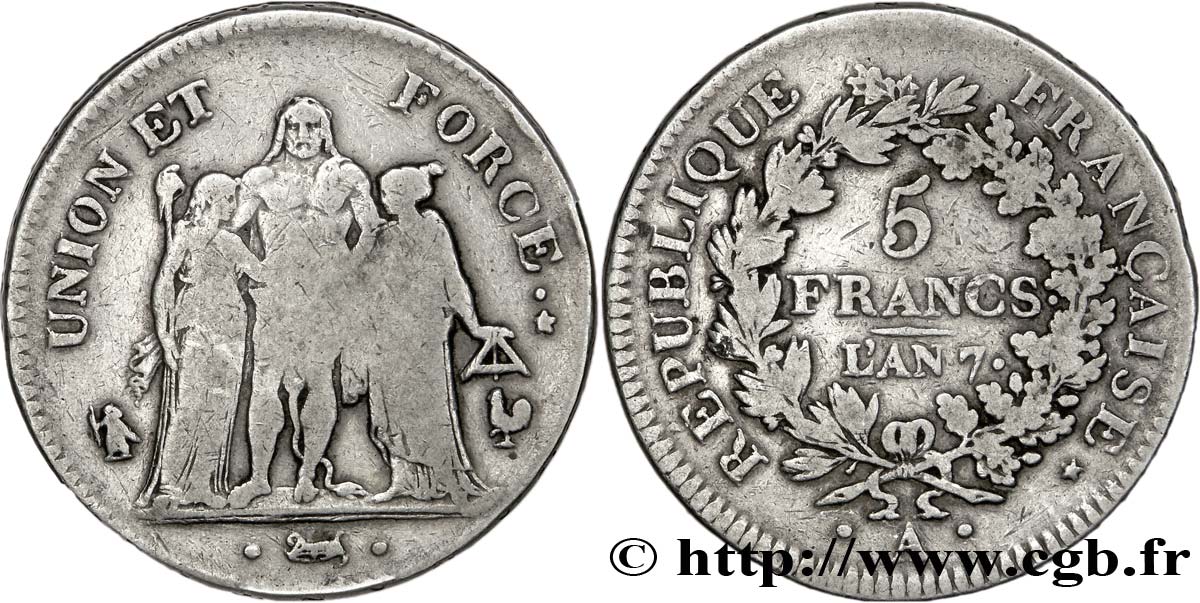 5 francs Union et Force, Union serré, gland intérieur haut, gland extérieur, petite feuille 1799 Paris F.288/100 TB25 