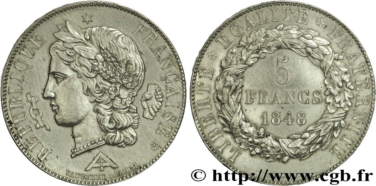Concours de 5 francs, essai par Vauthier Galle 1848  VG.3094 var SUP 