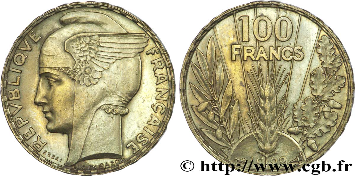 Concours de 100 francs or, essai de Bazor en bronze-aluminium 1929 Paris VG.5216 var. AU 