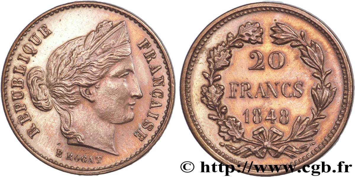 Concours de 20 francs, essai de Rogat 1848 Paris VG.3036 var. SUP 