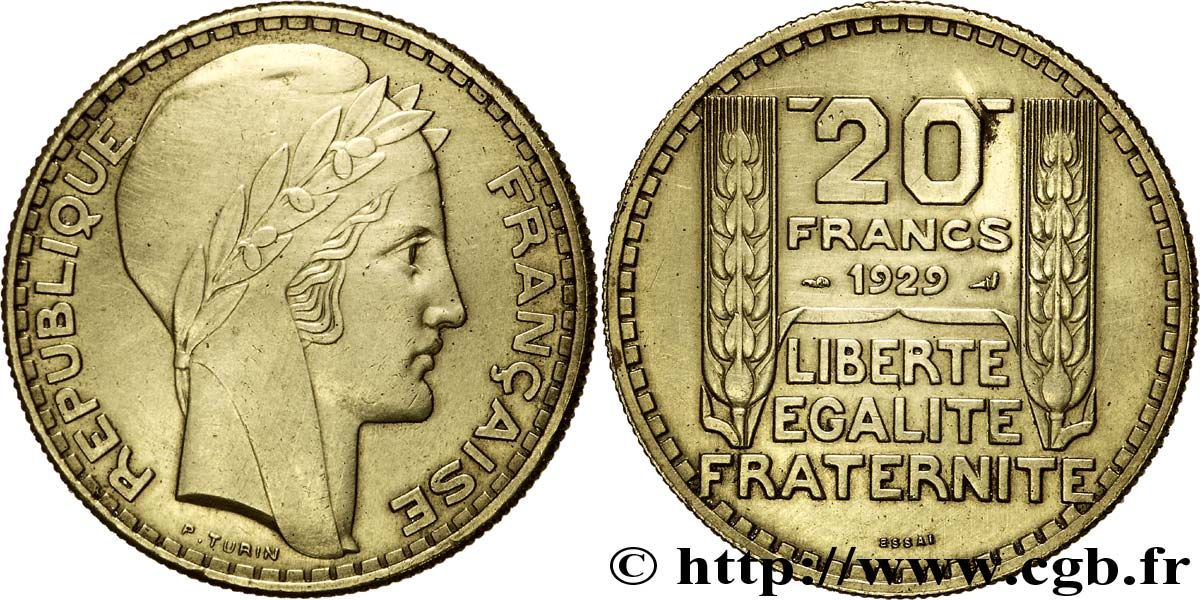 Essai de 20 francs Turin en bronze-aluminium 1929 Paris GEM.199 5 AU 