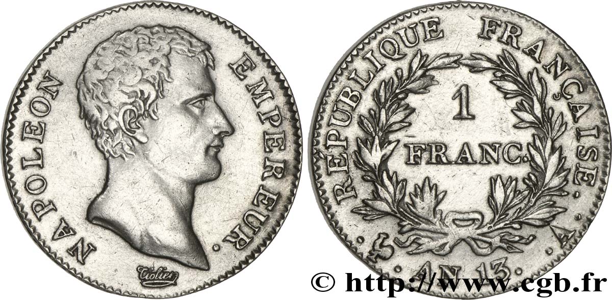 1 franc Napoléon Empereur, Calendrier révolutionnaire 1805 Paris F.201/14 TTB+ 