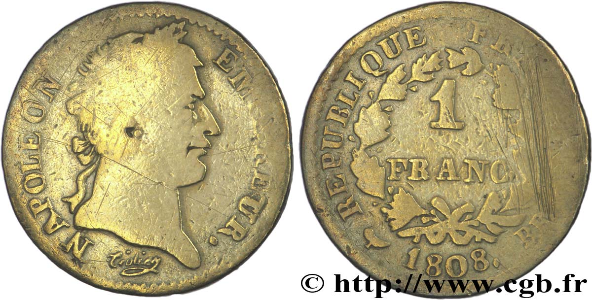 Faux de 1 franc Napoléon Ier tête laurée, République française 1808 Strasbourg F.204/4 RC6 