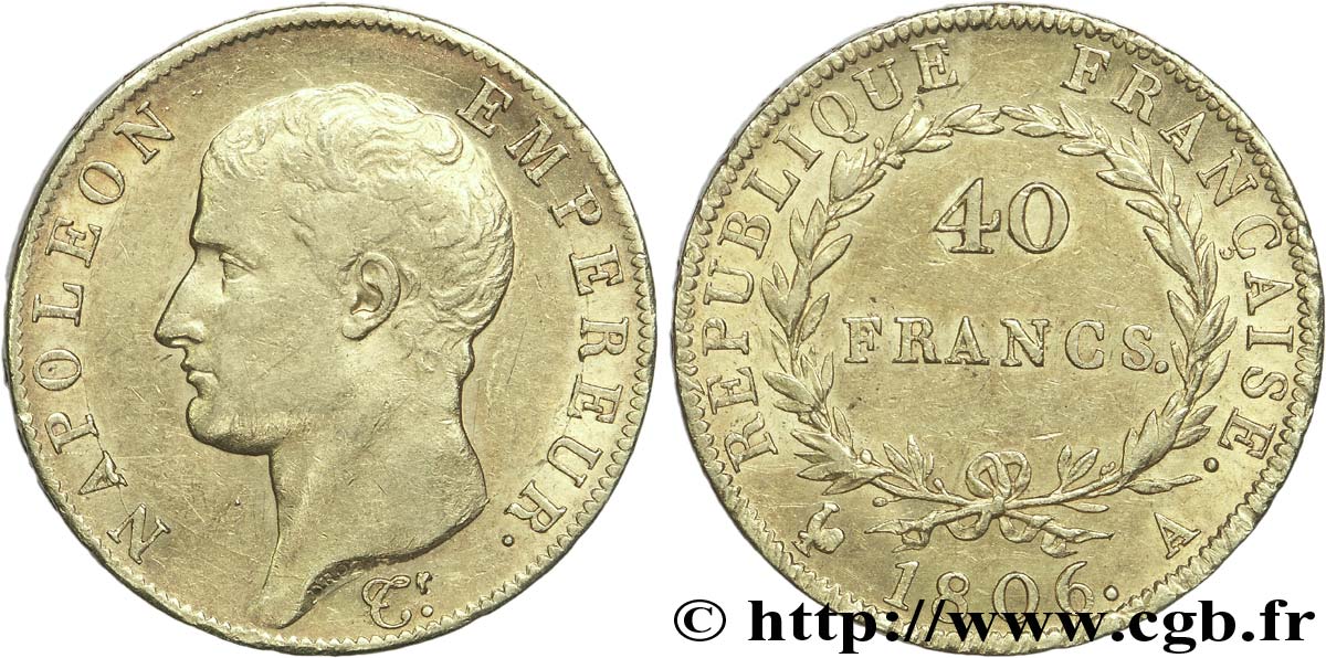 40 francs or Napoléon tête nue, Calendrier grégorien 1806 Paris F.538/1 SS50 