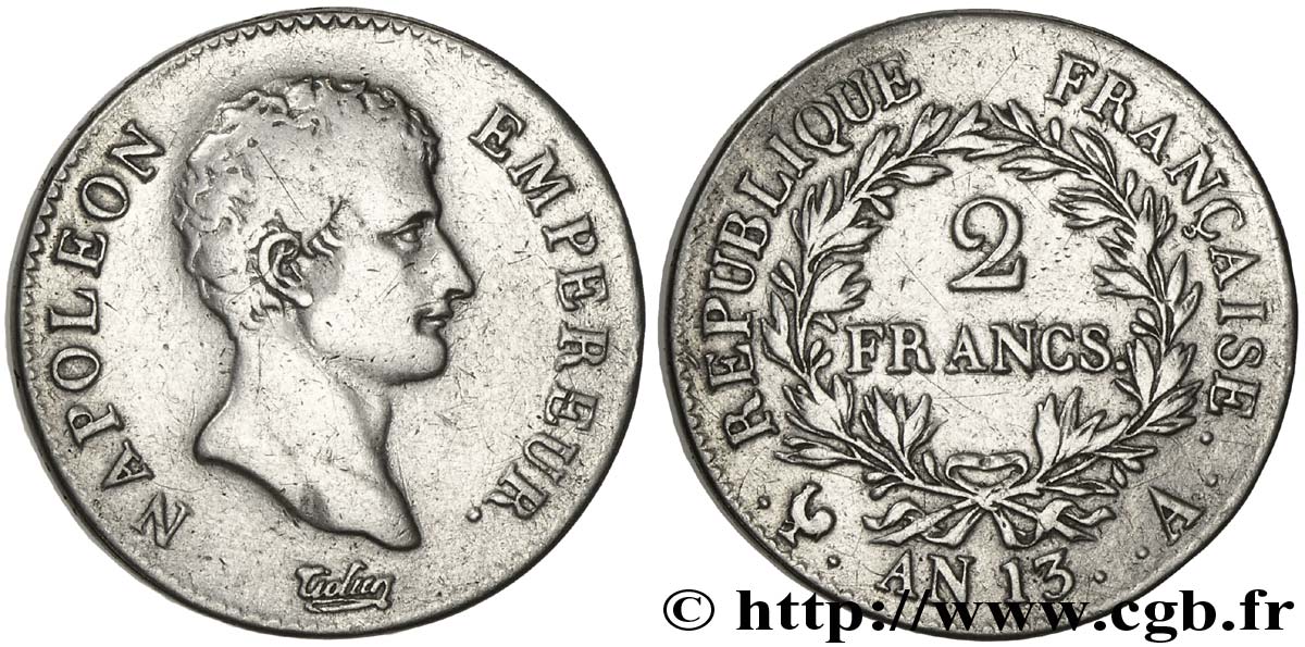 2 francs Napoléon Empereur, Calendrier révolutionnaire 1805 Paris F.251/12 TB35 