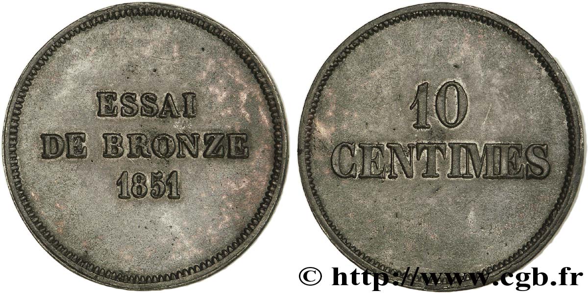 Essai de 10 centimes en bronze 1851  VG.3294  SUP58 