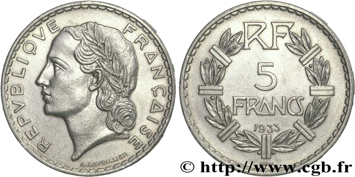 Essai de 5 francs Lavrillier, nickel, sans différents 1933  F.336/1 SUP62 