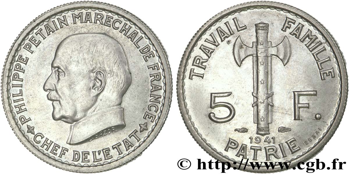 Essai de 5 francs Pétain 1941  F.338/1 EBC 