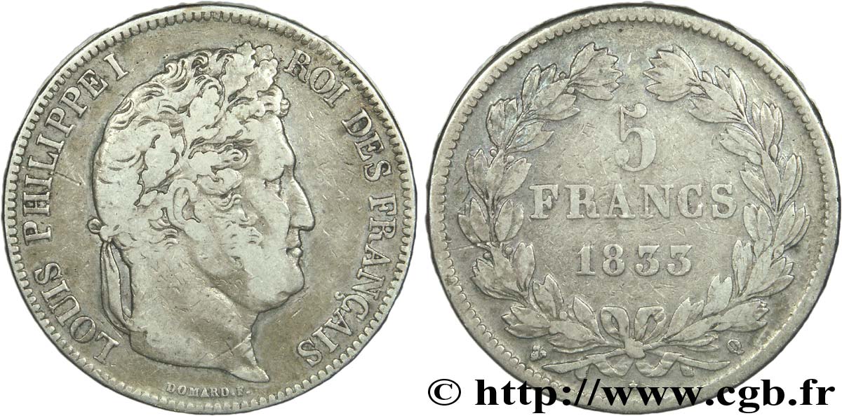 5 francs IIe type Domard 1833 Perpignan F.324/25 S30 