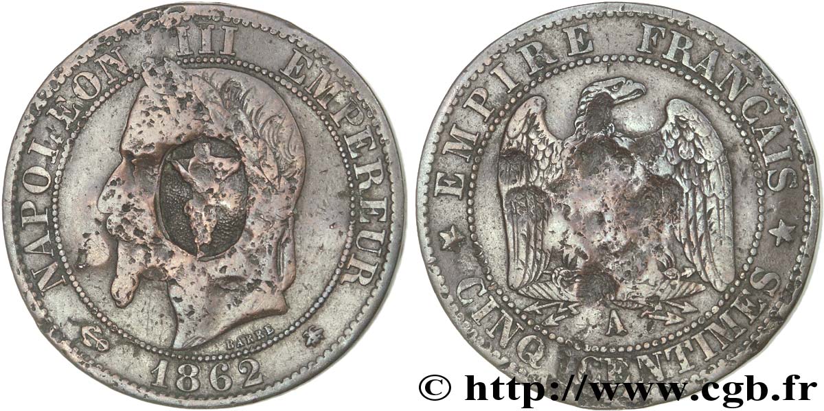 Cinq centimes Napoléon III, tête laurée, contremarqué 1862 Paris F.117/7 SGE12 