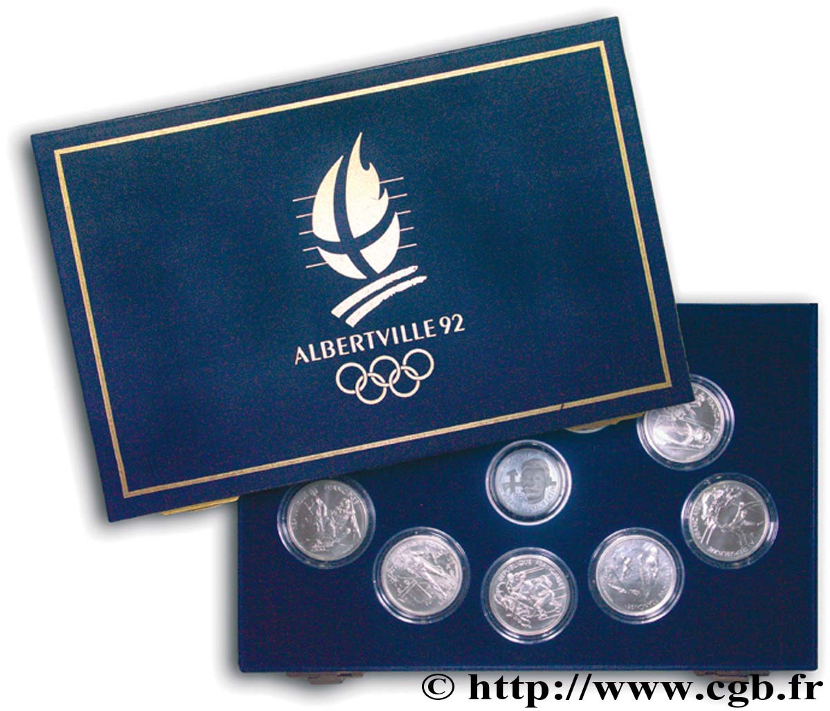 Coffret de neuf pièces de 100 francs BU Jeux Olympiques d hiver d Albertville, et une 100 francs BE Pierre de Coubertin n.d. Pessac F.  FDC65 