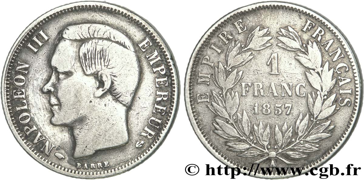 1 franc Napoléon III, tête nue, satirique 1857 Paris F.214/10 var. VF20 