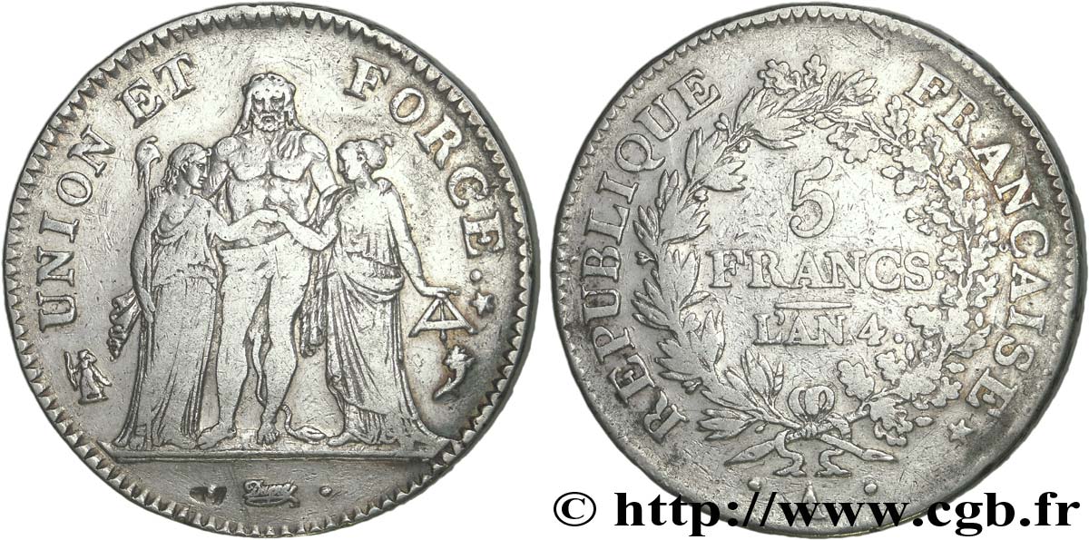 5 francs Union et Force, Union serré, avec glands intérieurs et gland extérieur 1796 Paris F.288/1 TB+ 