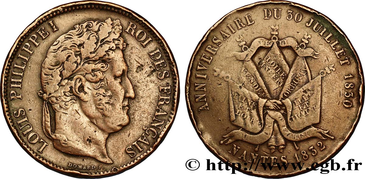 Module de 5 francs en cuivre commémorant l’anniversaire du 30 juillet 1830 1832 Nantes F.324/12 var. TB35 