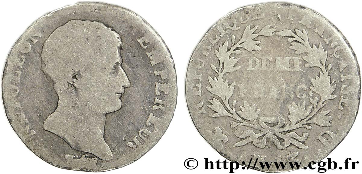Demi-franc Napoléon Empereur, Calendrier révolutionnaire 1805 Lyon F.174/12 q.B5 