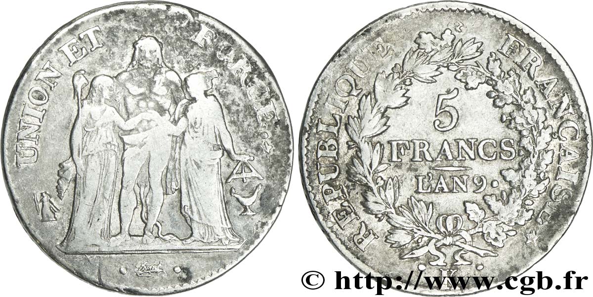 5 francs Union et Force, Union serré, avec glands intérieurs et gland extérieur 1801 Bordeaux F.288/159 S25 