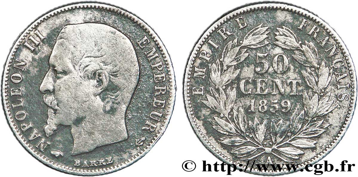50 centimes Napoléon III, tête nue 1859 Paris F.187/10 TB30 