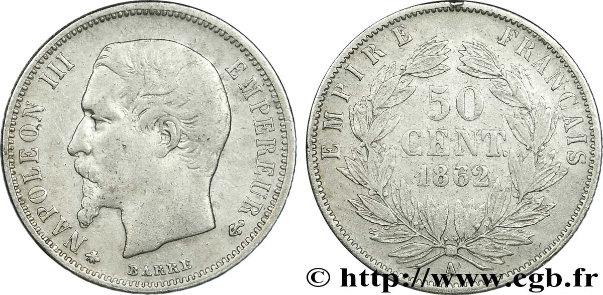 50 centimes Napoléon III, tête nue 1862 Paris F.187/16 TB35 