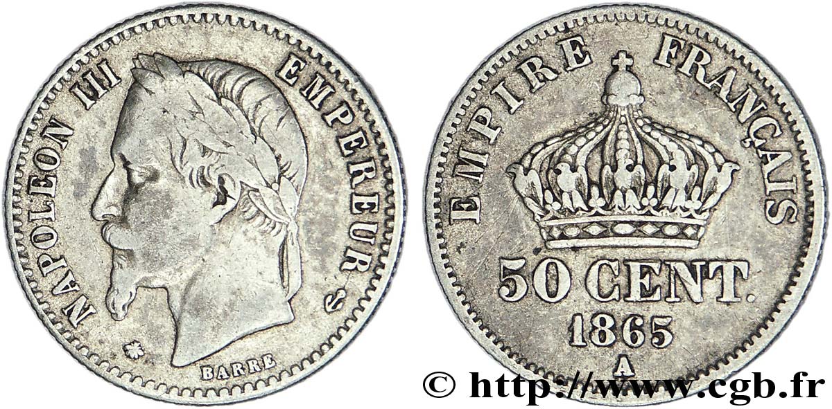 50 centimes Napoléon III, tête laurée 1865 Paris F.188/6 TB35 