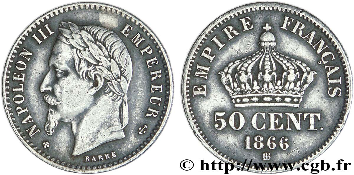 50 centimes Napoléon III, tête laurée 1866 Strasbourg F.188/10 TTB45 