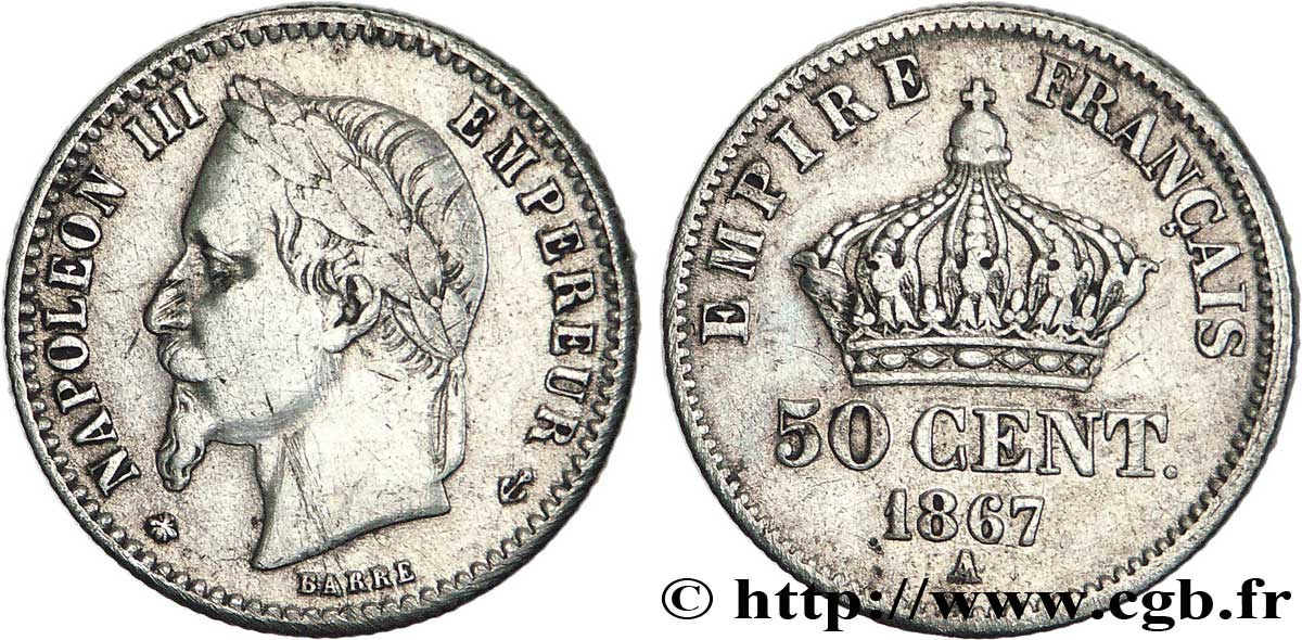 50 centimes Napoléon III, tête laurée 1867 Paris F.188/13 S35 