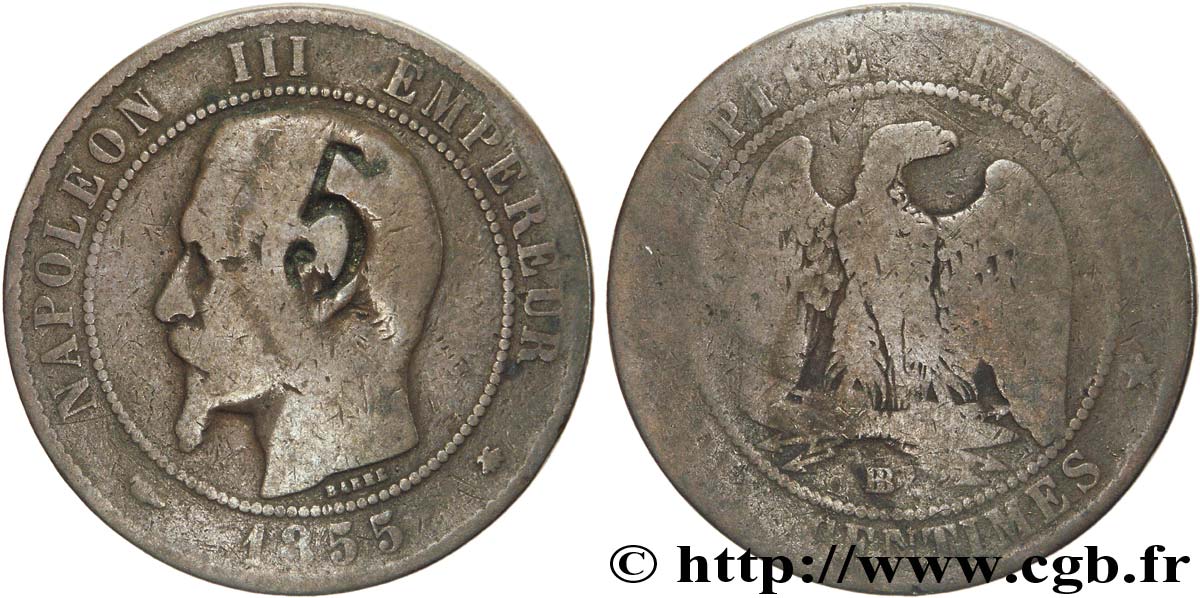 Dix centimes Napoléon III, tête nue, contremarqué d’un 5 1855 Strasbourg F.133/23 SGE6 