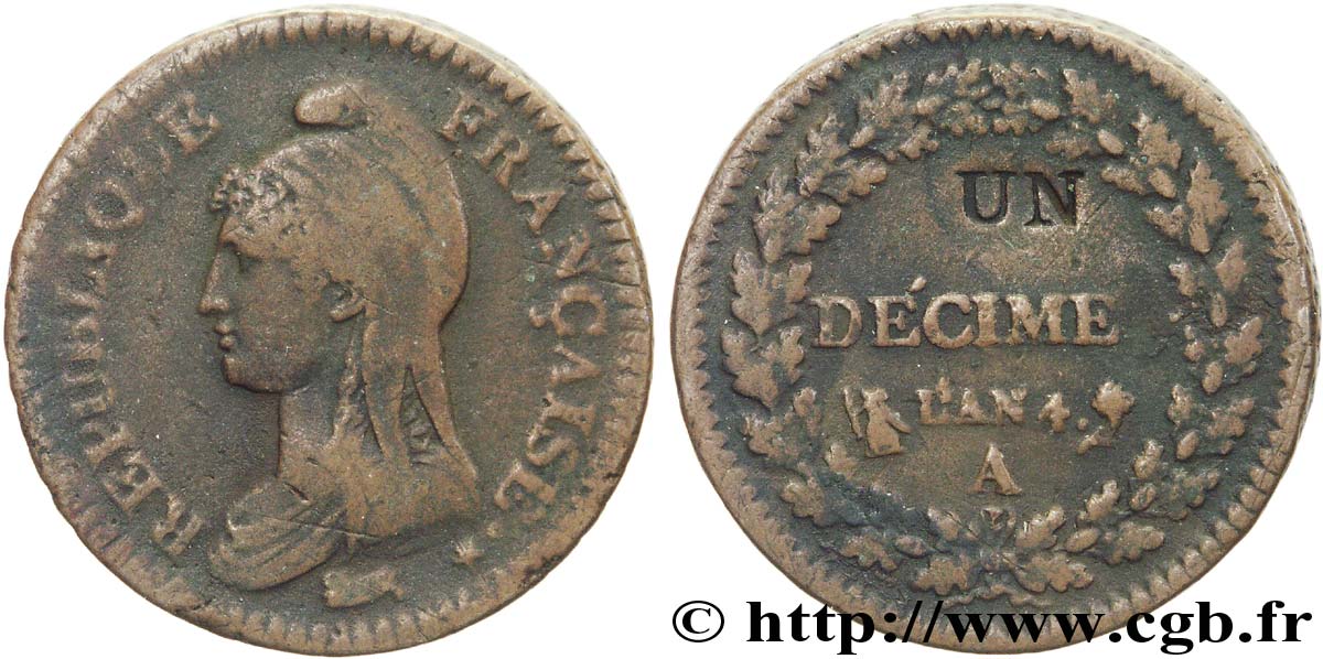 Un décime Dupré, modification du 2 décimes 1796 Paris F.127/1 S30 
