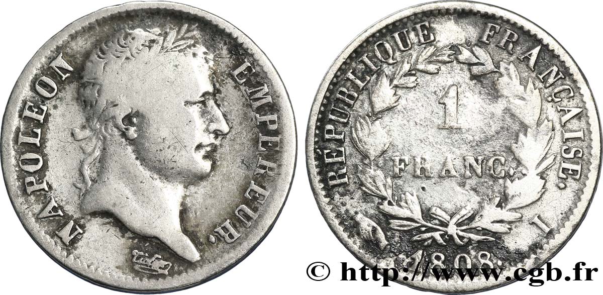 1 franc Napoléon Ier tête laurée, République française 1808 Limoges F.204/7 VF20 