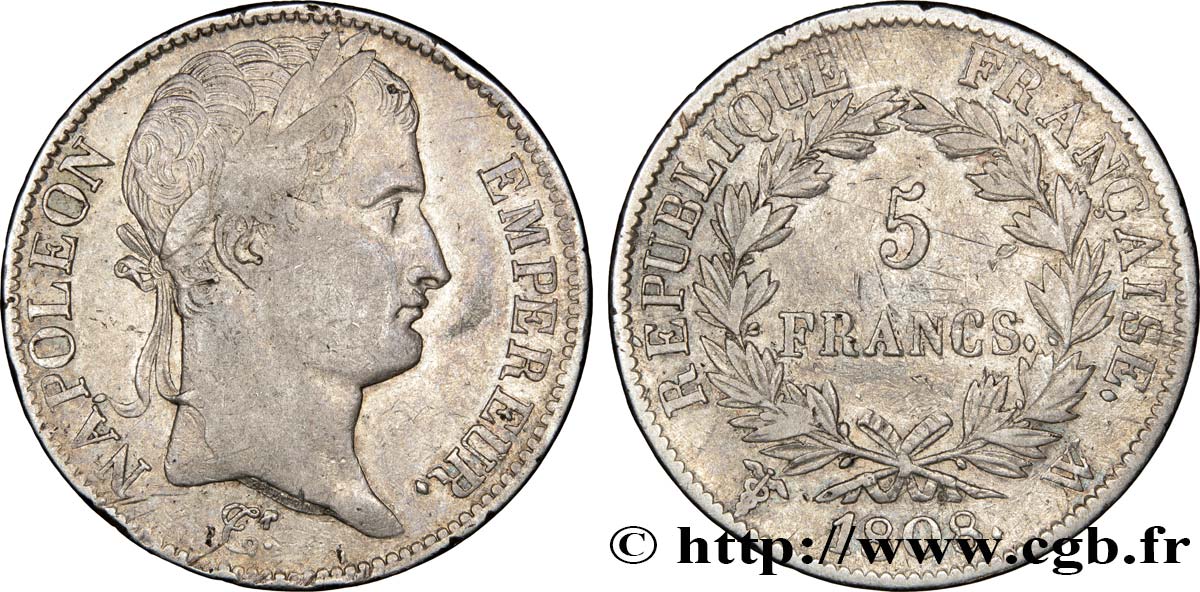 5 francs Napoléon Empereur, République française 1808 Lille F.306/15 TTB42 
