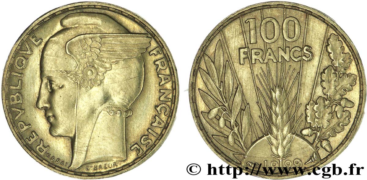 Essai-piéfort de 100 francs or, Bazor 1929 Paris GEM.290 EP MS61 