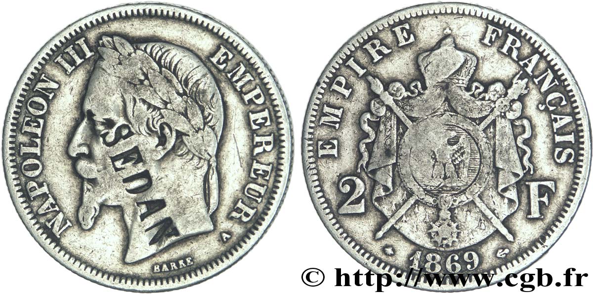 2 francs Napoléon III, tête laurée, contremarqué SEDAN 1869 Paris F.263/10 var. TB35 