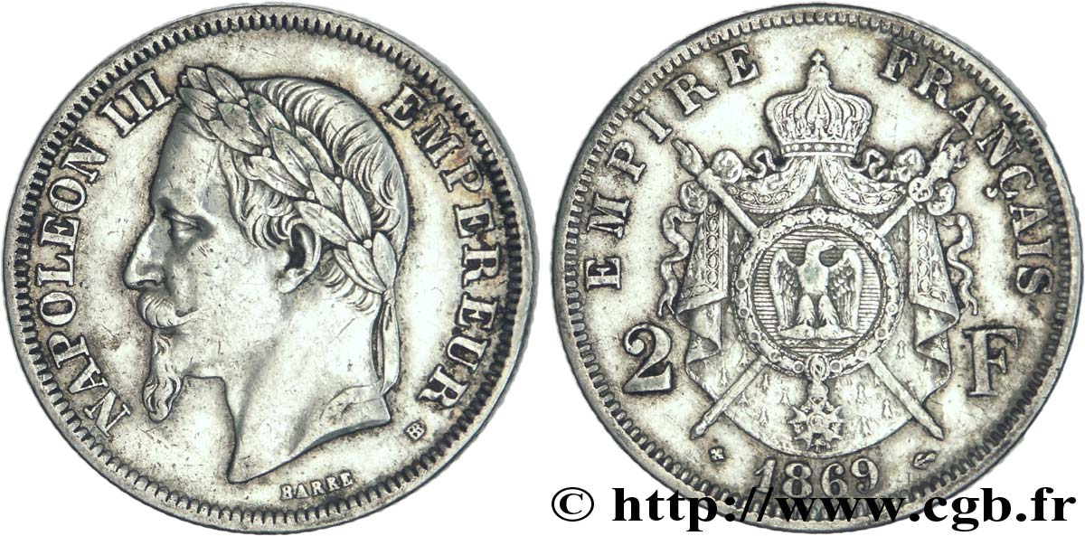 2 francs Napoléon III, tête laurée 1869 Strasbourg F.263/11 AU50 