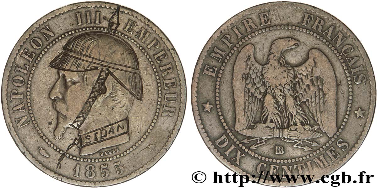 Dix centimes Napoléon III, tête nue, satirique et contremarqué SEDAN 1855 Strasbourg F.133/23 TB15 