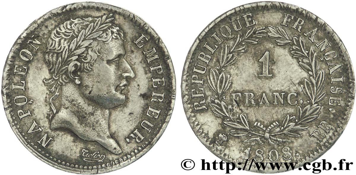 1 franc Napoléon Ier tête laurée, République française 1808 Strasbourg F.204/4 TTB+ 