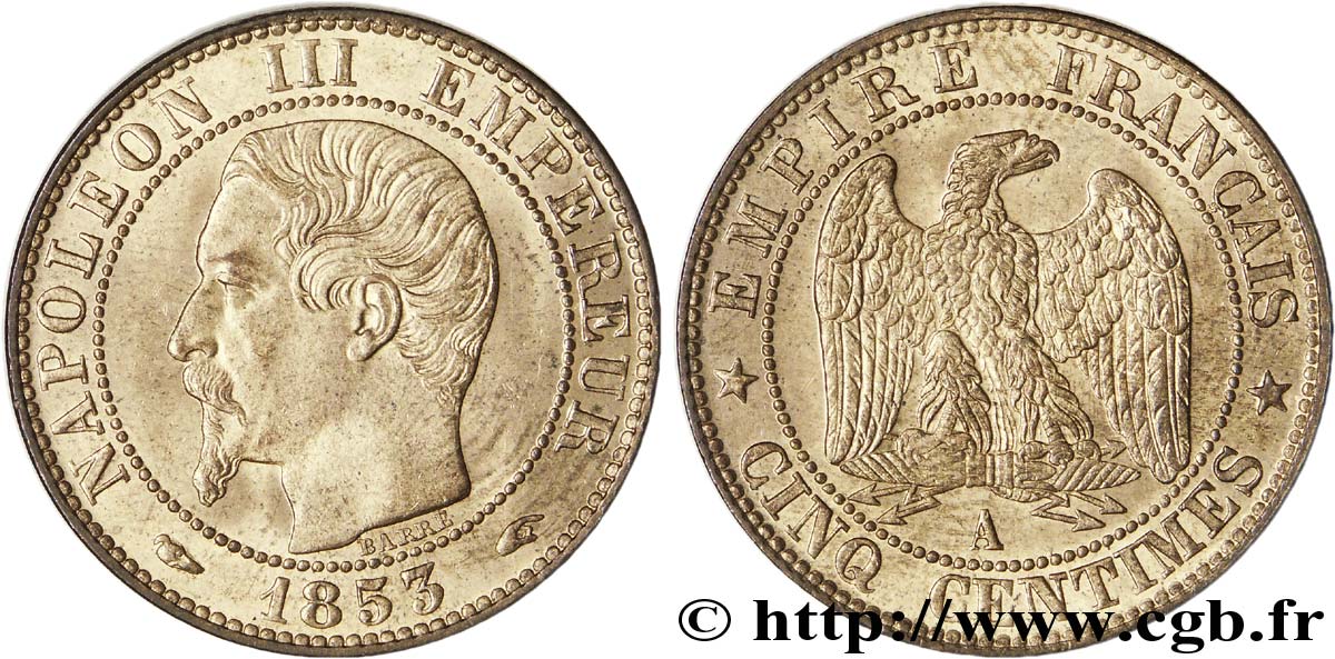 Cinq centimes Napoléon III, tête nue 1853 Paris F.116/1 VZ62 