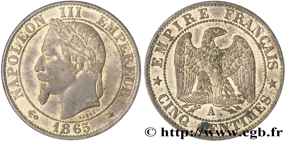 Cinq centimes Napoléon III, tête laurée 1865 Paris F.117/16 AU53 