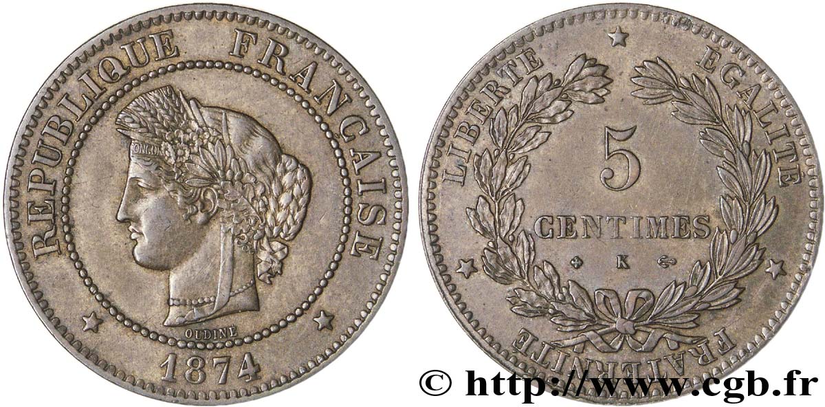5 centimes Cérès 1874 Bordeaux F.118/10 AU50 