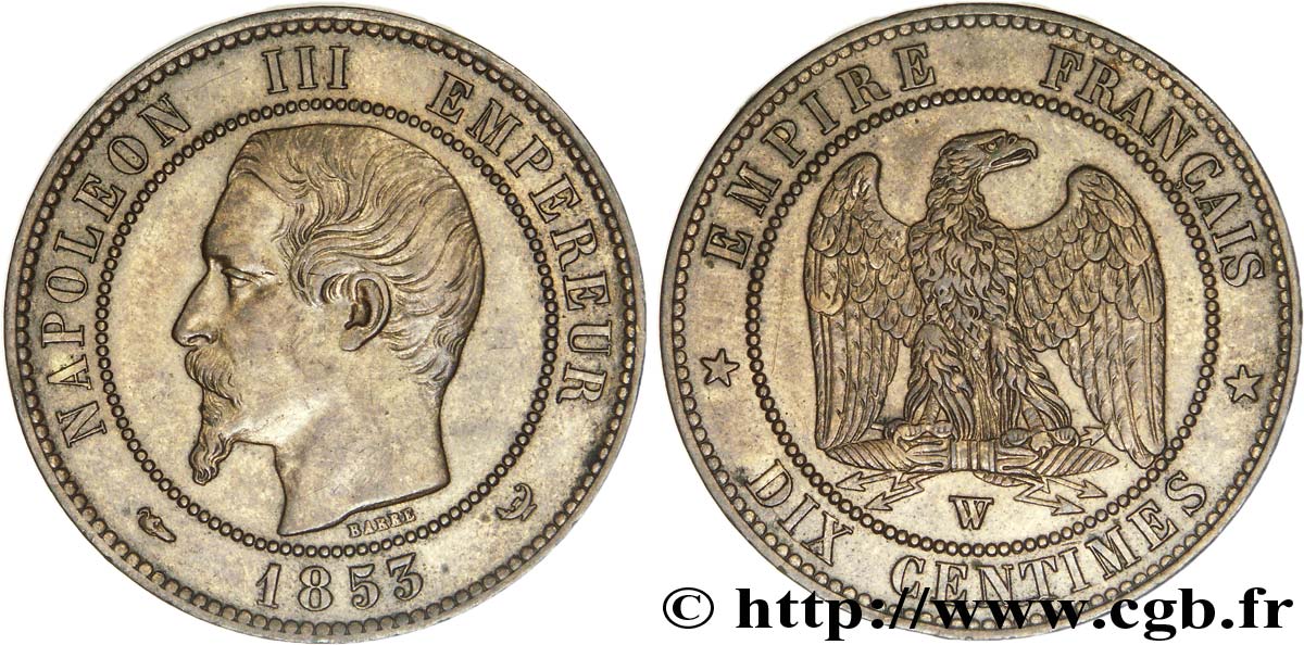 Dix centimes Napoléon III, tête nue 1853 Lille F.133/10 AU50 