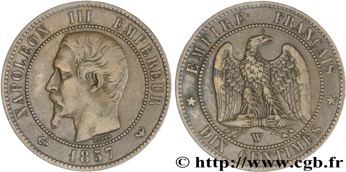 Dix centimes Napoléon III, tête nue 1857 Lille F.133/46 TB25 