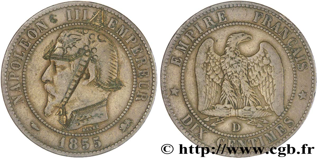 Dix centimes Napoléon III, tête nue, satirique 1855 Strasbourg F.133/25 var. TB35 