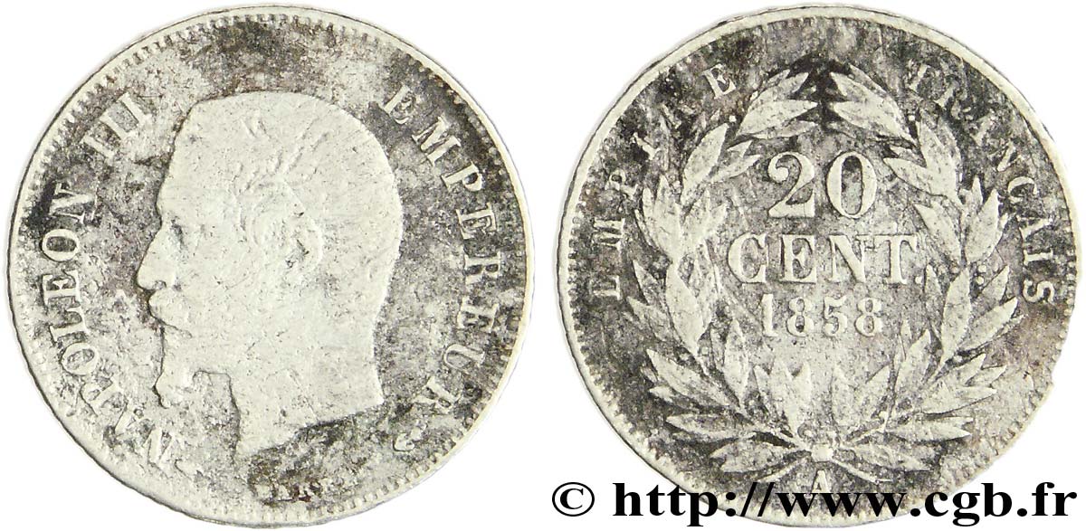 20 centimes Napoléon III, tête nue 1858 Paris F.148/10 F13 