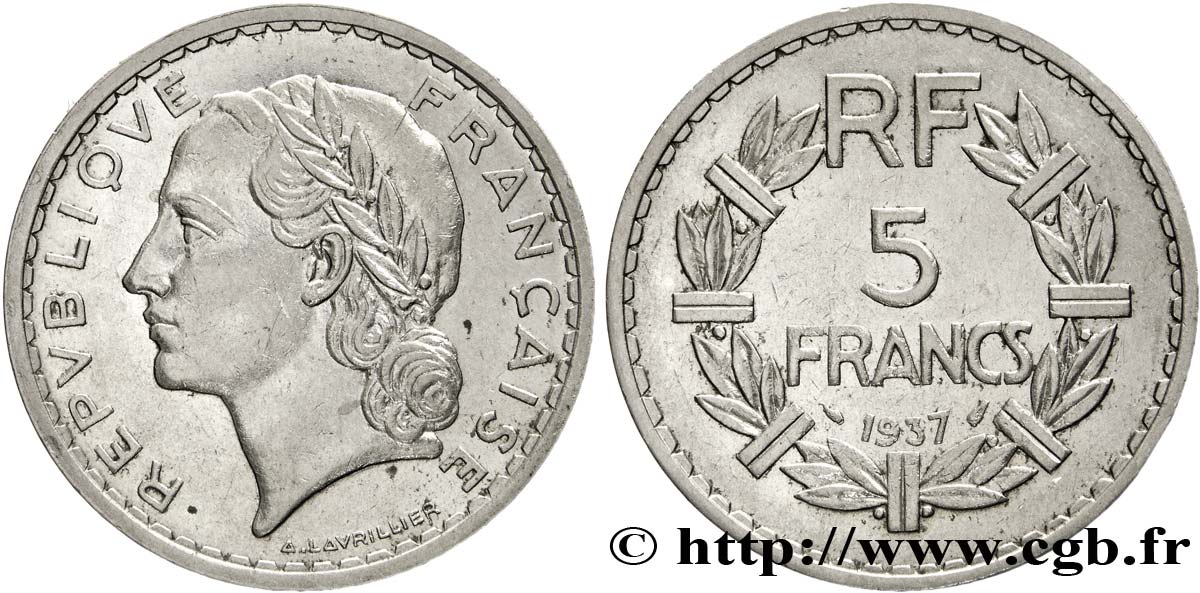 5 francs Lavrillier, nickel 1937  F.336/6 TTB50 