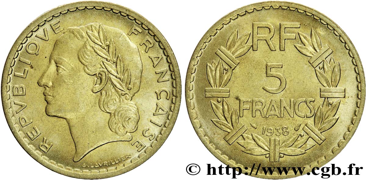 5 francs Lavrillier, bronze-aluminium 1938  F.337/1 SUP59 