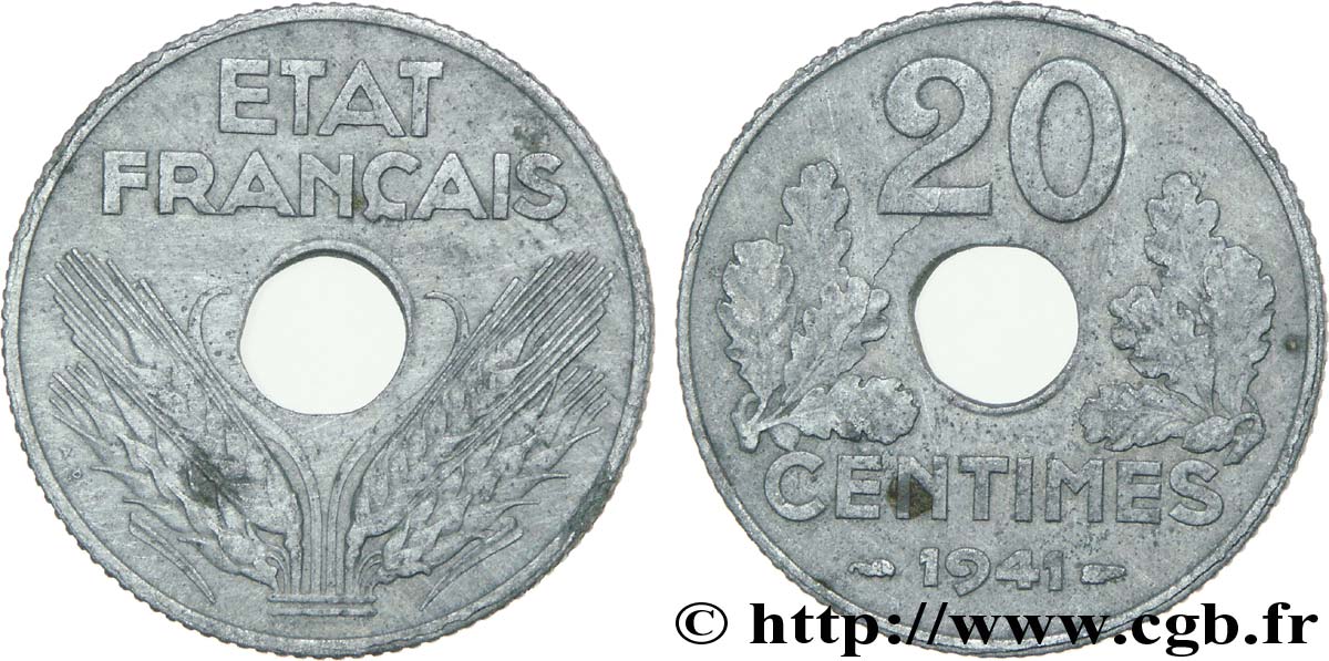 20 centimes État français, stries larges 1941  F.153/3 VF25 