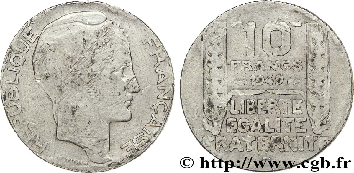 10 francs Turin, petite tête, trafiquée 1949 Beaumont-Le-Roger F.362/7 B12 