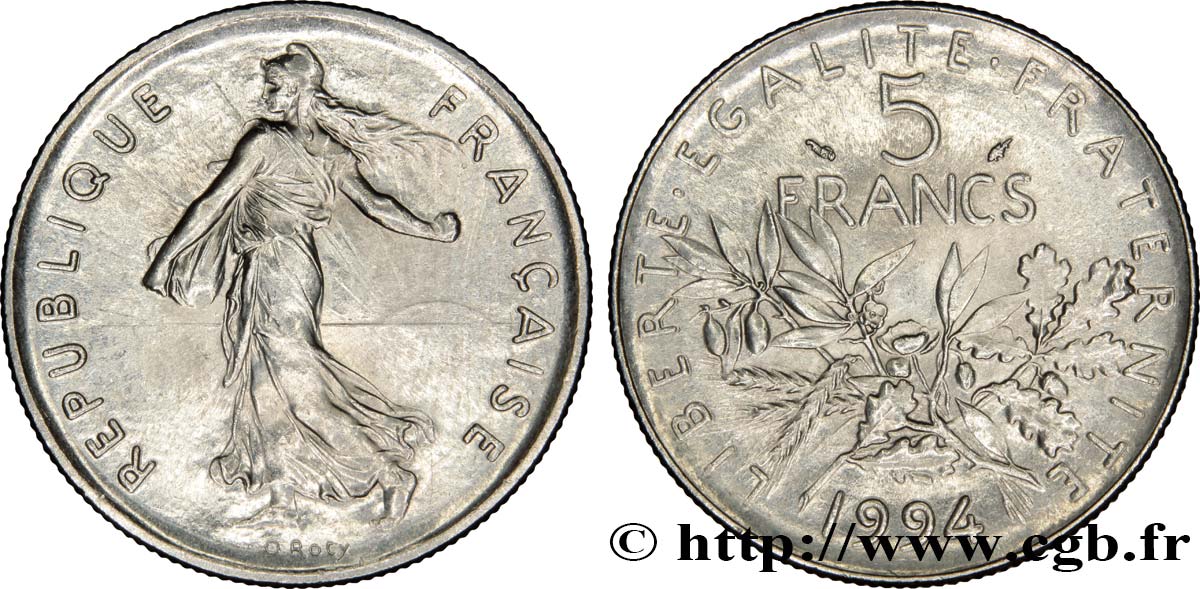 5 francs Semeuse, nickel, différent dauphin 1994 Pessac F.341/29 VZ62 